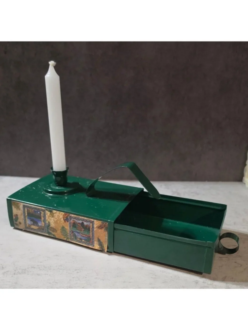 Vtg Green Metal Emergency Candle Tin Holder Storage Drawer Cabin Lodge Bear